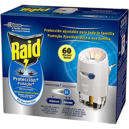 Raid Eléctrico Líquido Protección+ 60 noches - Enchufe anti mosquitos comunes y tigre con difusor regulable. Incluye aplicador y recambio
